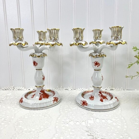 Herend Other - Herend Hungary Chinese Bouquet Porcelain 3-Arm Candelabra Handpainted Rust